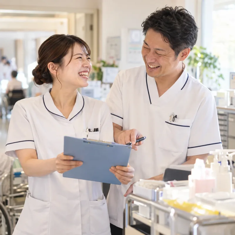 白い制服の女性と男性の看護師が記録を確認し、笑顔で申し送りをする様子